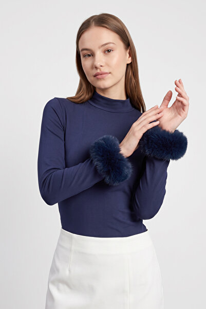 zenne Fur-Cuffed Blouse 4593 - Dark Blue