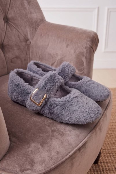 NAVİSHOES Gray Women's Plush Home Shoes - Gold Buckle Babet Panduf 01Nav
