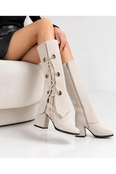 Ornaz Shoes Women's Suede Heeled Boots with Decorative Laces and Capsule Deta...