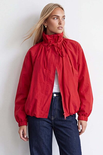 Trend Alaçatı Stili Women's Red Stand Collar Hidden Zipper Lined Jacket with ...