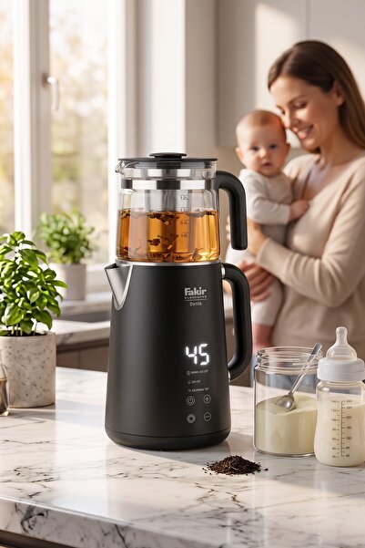 Fakir Demia Çelik Çay Makinesi Dijital LED Ekran 1,7 L Su Isıtıcı 1.2 Lt Cam Demlik Sıcaklık Ayarlı