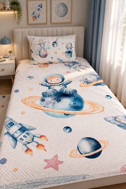 Befahomes Çocuk Pamuklu Pike Takımı 150x230 cm Astronot Çocuk Gezegen Desenli