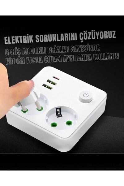 lstri 2'li Çoklu Priz 2 USB + 1 Type-C Kısa Devre Akım Korumalı Topraklı Şarj Fiş Priz USB-A ve USB-C Girişli 2500W Akıllı Masaüstü Çoklu Priz / Topraklı Grup Priz