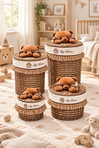 Tutku Home Honey Bear My Home -4'lü Yuvarlak Bezli Hasır Sepet
