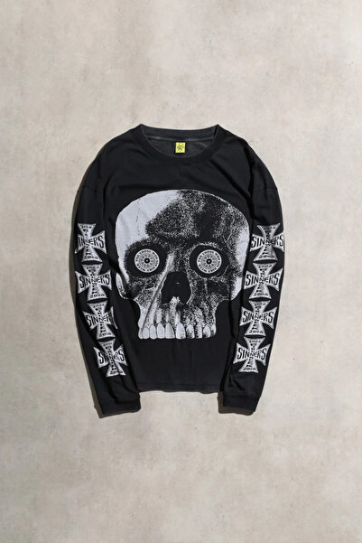 Overdrive Tricou unisex cu mânecă lungă, negru, oversize, cu imprimeu craniu ...