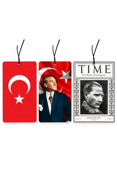 bikoku 3’lü Araba Kokusu Seti Atatürk ve Türk Bayrağı Tasarımlı İpli Asma Oto...
