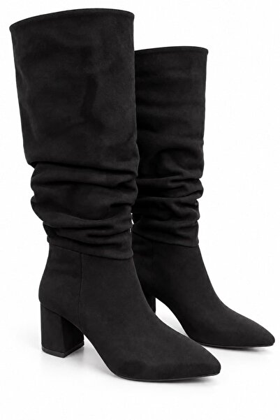 diclepolat Women's Black Suede Drawstring Boots Thick Heeled Below the Knee L...