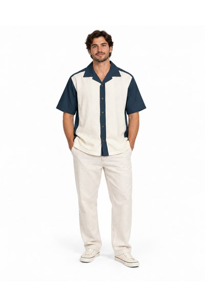 Tommy Bahama Men's Short Sleeve Collar Bowling Relaxed Fit Shirt, Beige & Blue