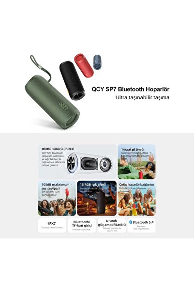 StepCo SP7 40W Taşınabilir Bluetooth Hoparlör 14 Saat Dinleme RGB Işık IPX7 TF Kart (Yeşil)