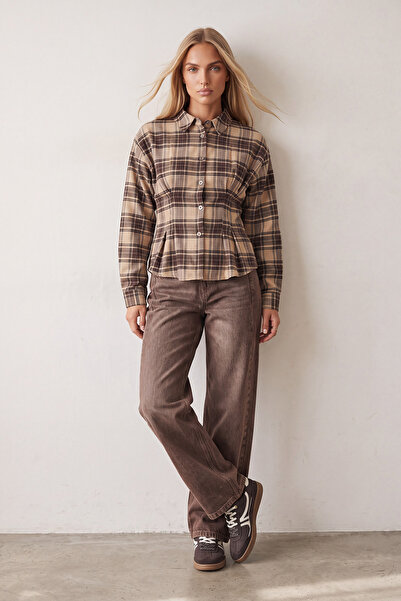 Trend Alaçatı Stili Women's Beige Plaid Waist-Fitted Cotton Blend Shirt Alc-X...