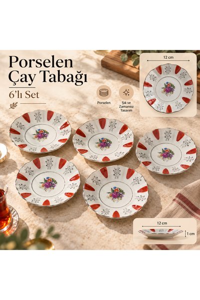PALU GASTRO 6’lı Porselen Çay Tabağı Seti 12 cm Desenli Sunum Tabağı
