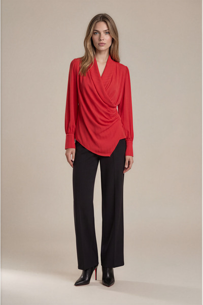 Spazio Kruvaze Yaka Yanı Drapeli Asimetrik Bluz KIRMIZI