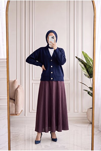 Holehola Ahubanu Gold Button Double Pocket Knitwear Cardigan-Kr6060 Navy Blue