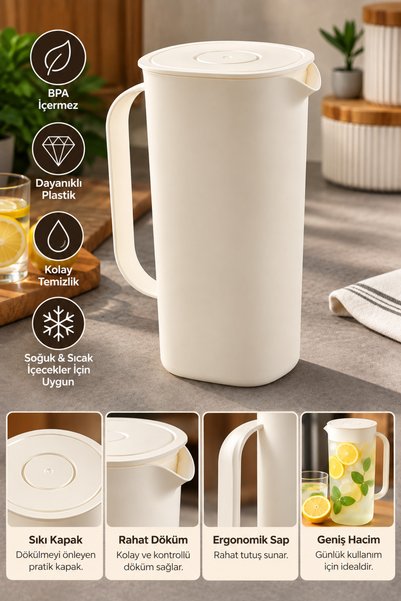 DOVİHOME Kapaklı Plastik Sürahi Bej 1,8 Litre