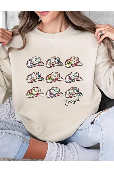 SUNFREE Western Mix Printed Oversize Cotton Crew Neck Basic Beige Sweatshirt