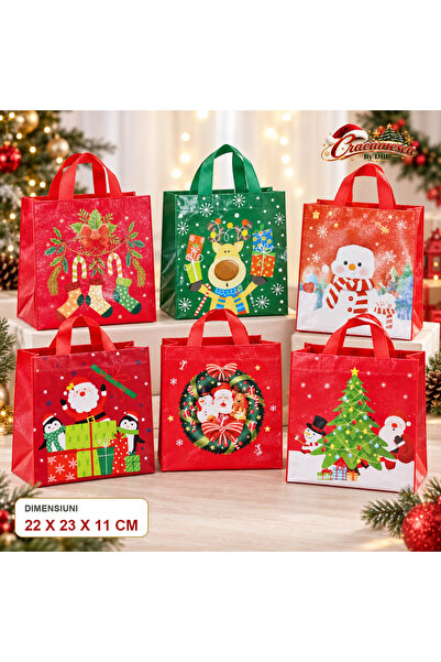 Craciunescu By DBR Sacosa Cadou de Craciun 22 x 23 x 11 cm, Imprimeu Festiv -