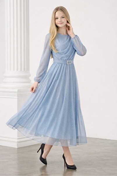 ÇLM STORE Silvery Stone Belt Detail Girls' Dress Evening Gown