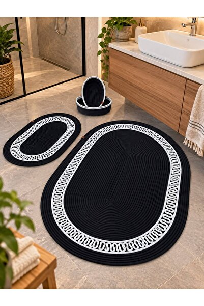 Türkmen Ev Tekstil Black Jute Straw Large Size 4-Piece Bathroom Set, Bathroom Mat Set, Bathroom Basket, Mat, Basket Set