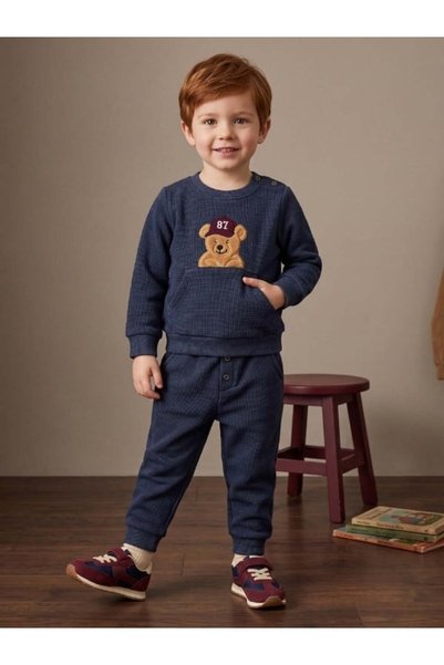 Zekids Boy's Teddy Bear Embroidered Soft Textured Tracksuit Set