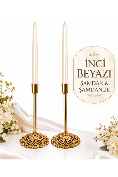 Bkmc Gold Şamdan 2'li Set Şamdanlık Dekoratif Mumluk Düğün Nişan Söz Masa Dek...