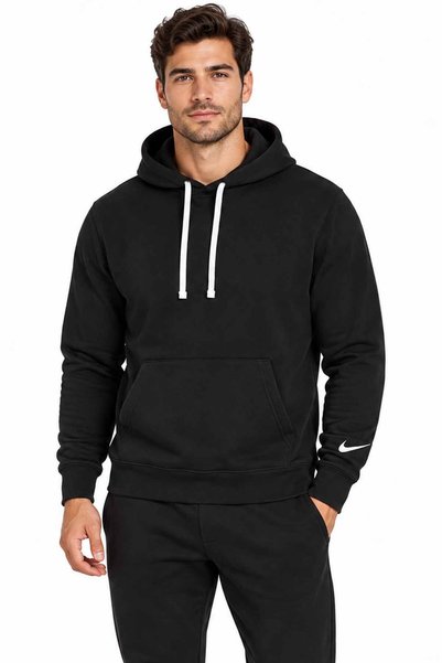 Nike Erkek Siyah Kapüşonlu Sweatshirt Pamuklu Fleece Kanguru Cepli