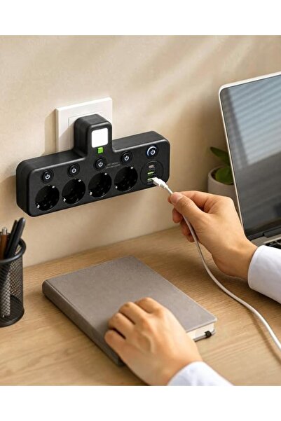 lstri USB & Type-C Şarjlı, Gece Lambalı ve Bireysel Anahtarlı 4'lü Priz, 10A 2500W Koruyucu Çoklayıcı Priz