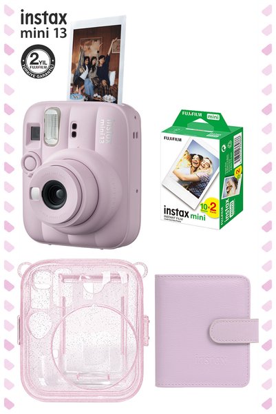Fujifilm Instax Mini 13 Candy Pink Fotoğraf Makinesi Deri Albüm Pleksi Kılıf ve 20'li Film Hediye Seti