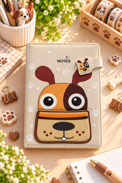 Daks Magnetic Notebook Cute Dog – 160 Pages, 13X18 cm Lined Faux Leather Notebook