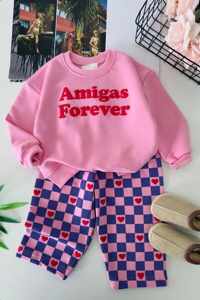 Minigimin Cicileri Heart Forever Printed Checkered Patterned Girls' 2-Piece S...