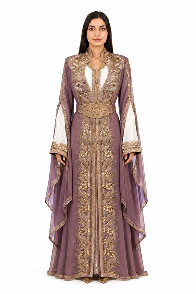 MOHAMED ZAHABI Women's Long Shiny Stone Detailed Two-Piece Kaftan Model 11