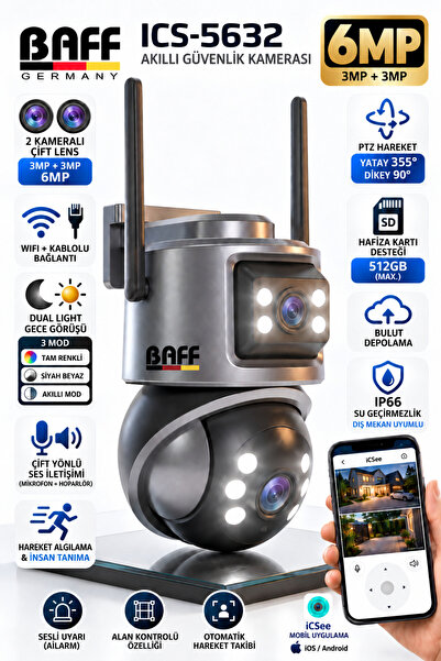 BAFF GERMANY ICS-5632 6MP Çift Lens WiFi Akıllı Güvenlik Kamerası PTZ AI İnsa...