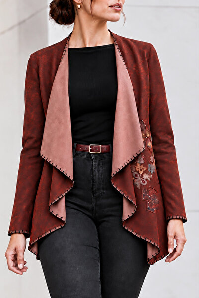 Boutique Juji BOHEM NAKIŞLI OVERSİZE BORDO UZUN CEKET
