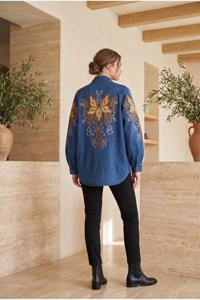 FEMELLE Women's Oversize Denim Jacket with Sequins and Embroidery on the Back