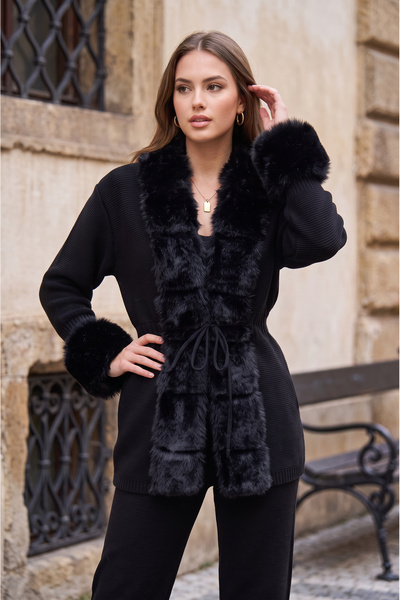 SAYZEN YOUR SHİNE Cardigan-Pants Knitwear Set with Fur Collar and Sleeves