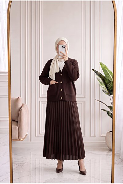 Holehola Ahubanu Gold Button Double Pocket Knitwear Cardigan-Kr6060 Brown