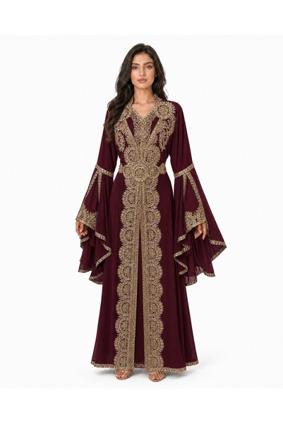 MOHAMED ZAHABI Ladies Long Caftan with Hand Work Stone and Beads Work Kaftan ...