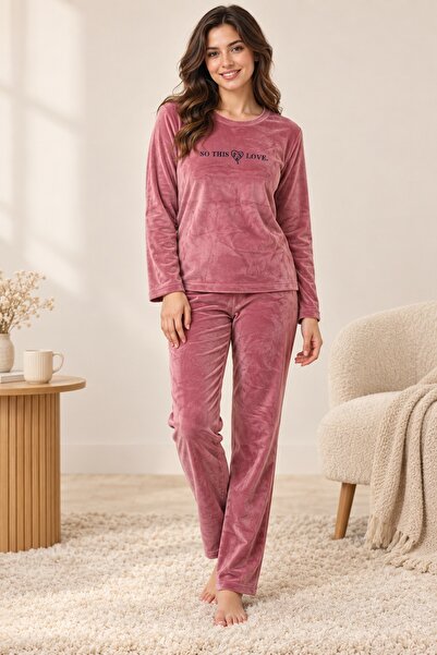 CottonVia قماش مخملي، طقم بيجامة نسائي، 100% قطن، أكمام طويلة، ياقة دائرية، ب...