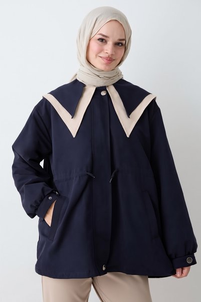 InStyle Çift Yaka Astarlı Lacivert Trençkot