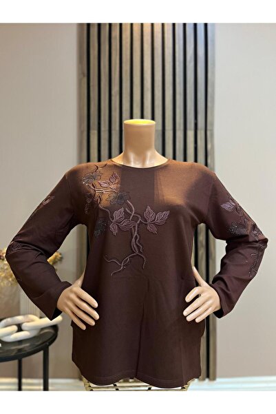 AKMAVİ Women's Floral Embroidered and Sparkling Stone Winter Mom Combed Cotto...