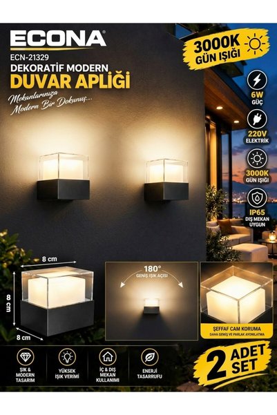ECONA 2 ADET--Modern Dekoratif Duvar Apliği - 6W Gün Işığı (3000K) IP65 Dış &...
