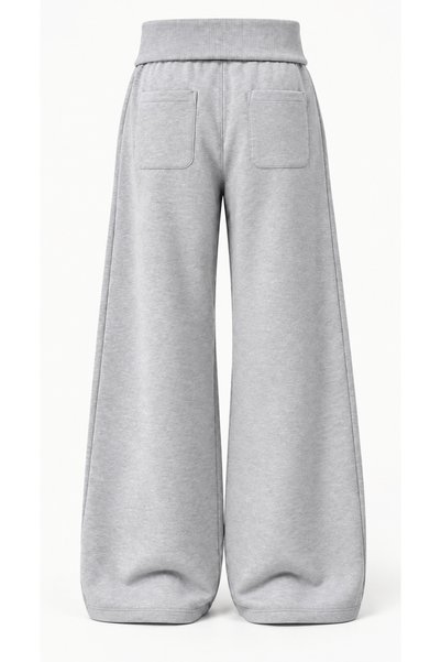 vesantia Kadın Kar Melanj Gri 3 İplik İçi Şardonlu Kıvrık Bel Oversize Geniş Paça Eşofman Altı