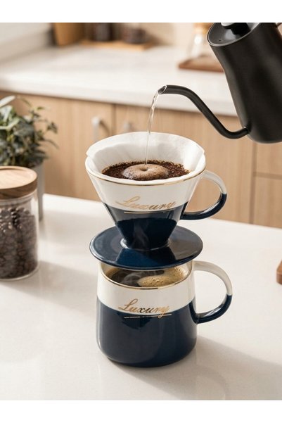 Generic Brand قمع تقطير القهوه V60 سيراميك مع كوب فخم- لون كحلي
