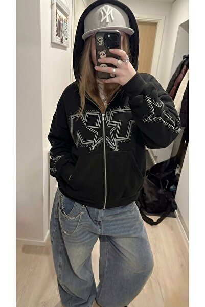 claine NXT Taş Detaylı Oversize Fermuarlı Hoodie