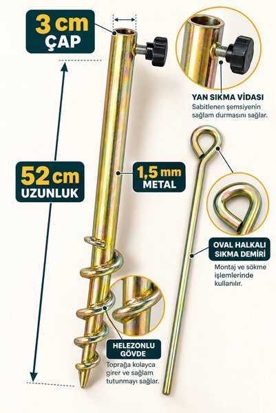 MOCKOP 1,5 mm Metal Şemsiye Sabitleme Aparatı 52 cm Vidalı Zemin Kazığı Seti Sıkma Demirli