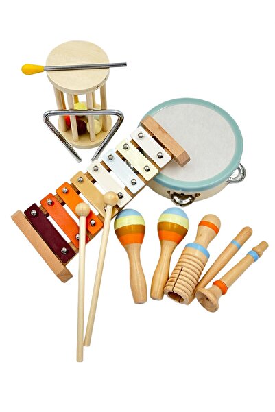 naniland.ro Set muzical din lemn cu 8 instrumente: xilofon cu 8 clape, tambur...