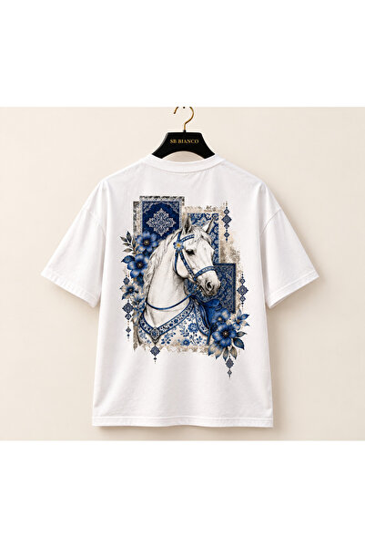 SB BİANCO Tricou Premium Unisex Oversize cu imprimeu pe spate cu motiv cal or...