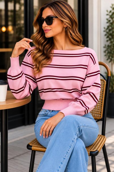 kılıçbey tekstil Women's Slim Mercerized Asymmetrical Cut Striped Boat Neck Knitwear Sweater
