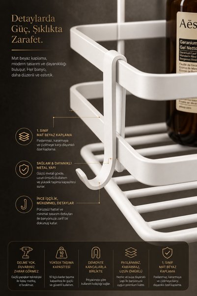 Magic Objects Stainless Steel Double Adhesive Bathroom Organizer Shower Shelf, Premium White Shampoo Holder Organizer