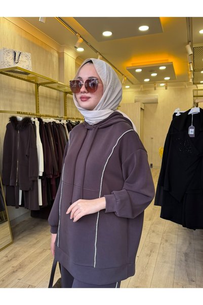 Nuss 1051 Gümüş Şerit Detaylı Pantolonlu Takım Kahverengi