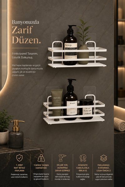 Magic Objects Stainless Steel Double Adhesive Bathroom Organizer Shower Shelf, Premium White Shampoo Holder Organizer